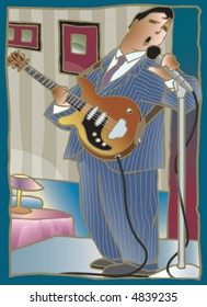 Singer with guitar on stage.