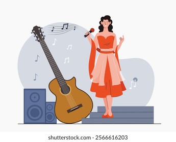 Singer with guitar. Woman with microphone performs on stage. Musical concert and performance. Musician at scene with mic. Entertainment and fun. Flat vector illustration