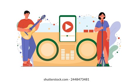 Singer and guitarist concept. Man with musica instrument and woman with microphone. Musical band performing near radio. Entertainment and leisure, concert. Cartoon flat vector illustration