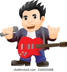 Singer guitarist with microphone and electric guitar vector icon