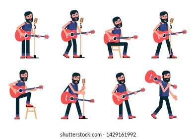 Singer guitarist sings in various poses. Musician with acoustic guitar. Vector flat character.