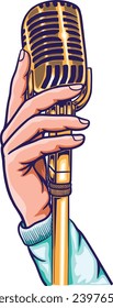  La mano de un cantante sostiene el micrófono en el escenario. Ilustración vectorial de micrófono de oro.