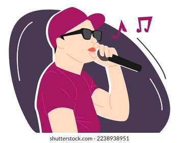 singer in hat, sunglasses singing into microphone. half body, side view. music note icon. concept and theme singer, musician, rapper, band, music. vector flat illustration.