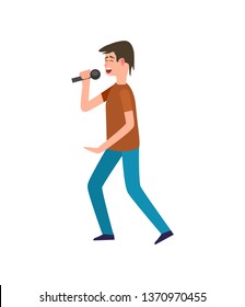 Singer holding microphone, giving performance isolated man vector. Human wearing casual clothes singing using mic, hobby and leisure for male walking