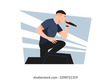 Singer holding a microphone and performing on stage. Rocker Screaming. Voice Recording