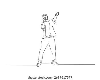 Cantor segurando microfone cantando um esboço da música ilustração do desenho. Desenho de arte de linha contínua do homem cantando uma música. Traçado editável.