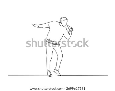 Singer holding microphone singing a song outline draw illustration. Continuous line art drawing of man singing a song. Editable stroke.