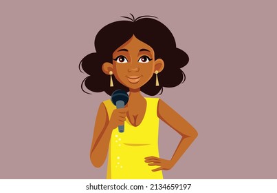 
Singer Holding Microphone Vector Cartoon Illustration. Beautiful woman performing live on a stage wearing a glamorous elegant dress
