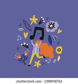 Singer holding note in hands flat illustration. Rock band member, vocalist cartoon character. Female musician hand drawn clipart. Musical festival, concert, performance advertising poster design