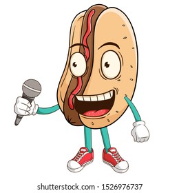 A singer of hot dog cartoon character holding a microphone with funny smile face