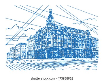 Singer House (House of Books) on the Nevsky Prospekt in Saint Petersburg, Russia. Sketch by hand. Vector illustration.