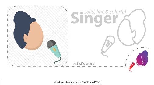 singer icon. Man with microphone vector flat illustration, solid, line icon