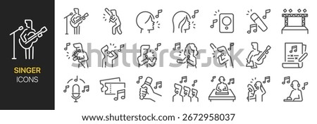 Singer icon set. It included music, musician, song, songwriter, and more icons. Editable Vector Stroke.
