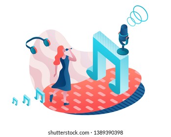 Singer isometric vector colorful illustration, girl singing with microphone.