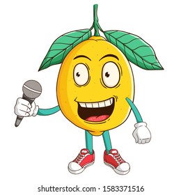 A singer of lemon cartoon character holding a microphone with funny smile face