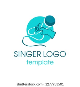 Singer logo - abstract drawn microphone silhouette holding in hands - vector icon or logotype template
