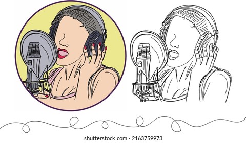 Singer Logo, Dubbing artist Vector, Sketch drawing of playback singer and audio recording setup, Dubbing studio illustration silhouette