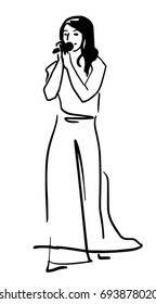 The singer in long dress with a microphone on her hands black and white vector sketch, simple drawing