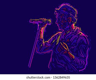 Singer man character in hat. Abstract vector illustration