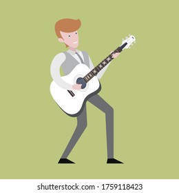 Singer man character and musician with a guitar vector illustration in flat style. A man perform with an acoustic guitar enthusiastic. Poster of live music performance.