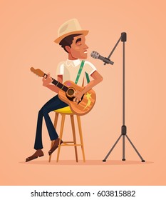 Singer Man Character Sing Song And Play Guitar. Vector Flat Cartoon Illustration