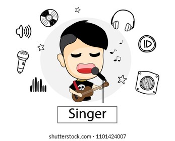 Singer man sing song and play guitar with set icons