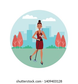 singer with microphone avatar cartoon character in the park cityscape round icon vector illustration graphic design