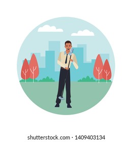 singer with microphone avatar cartoon character in the park cityscape round icon vector illustration graphic design