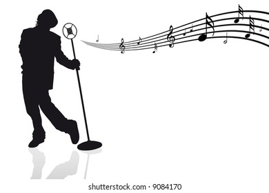 Singer with microphone and musical notes - vector illustration