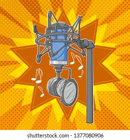 Singer microphone in pop art style, vector hand drawn sketch realistic illustration