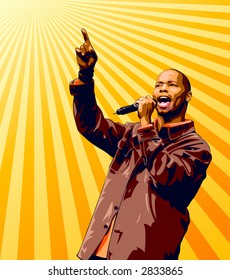 Singer with microphone raising hand over a sunburst background.