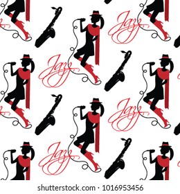 Singer with microphone, saxophone and text