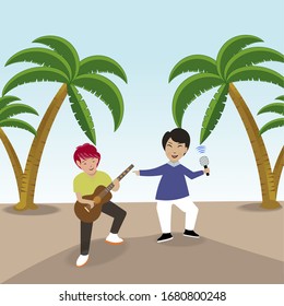 Singer with microphone singing karaoke song with guitarist on the beach. Hand drawn vector summer beach illustration.