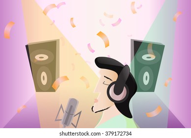 Singer with microphone sings on the background of large speakers