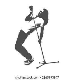 A singer with a microphone. Vector silhouette for creative and thematic design. Flat style