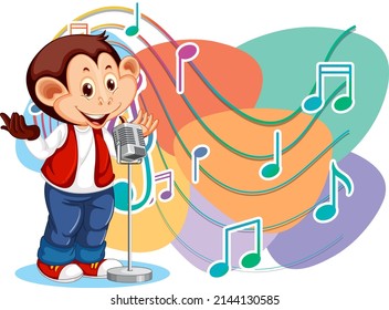 Singer monkey cartoon with music melody symbols illustration