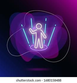 Singer neon sign. Glowing person with microphone on scene on brick wall background. Vector illustration can be used for music, song contest, TV show