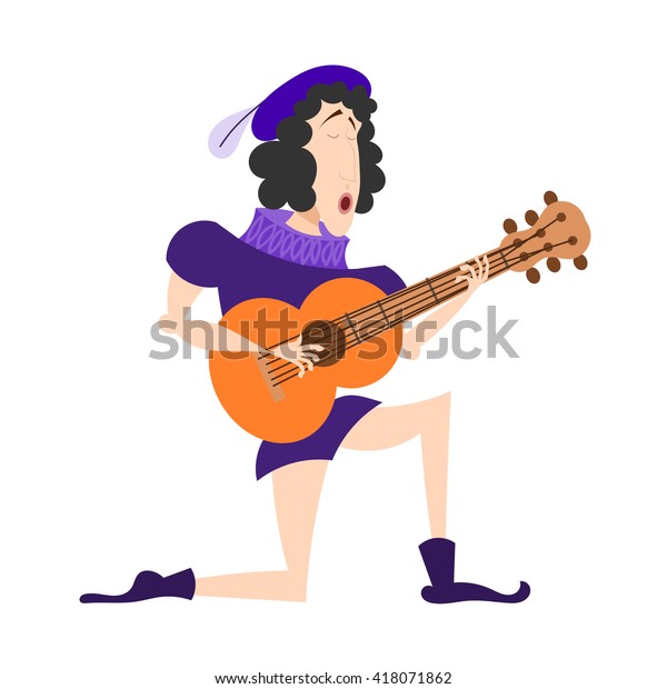 Singer in an old suit with a guitar. Artist\
serenaded with a guitar in his hands. Cartoon \
illustration of a\
serenade. Stock vector