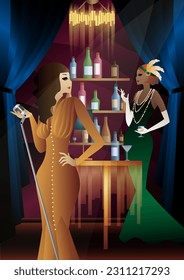 singer on the background of the bar shelf with alcohol, art deco