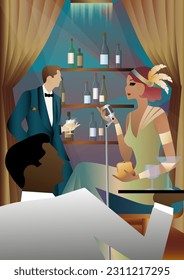 singer on the background of the bar shelf with alcohol, art deco