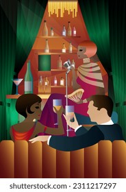 singer on the background of the bar shelf with alcohol, art deco