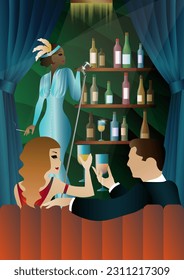 singer on the background of the bar shelf with alcohol, art deco