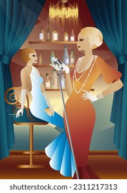 singer on the background of the bar shelf with alcohol, art deco