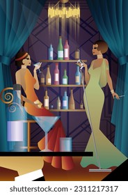 Sängerin auf dem Hintergrund des Barregals mit Alkohol, Art-Deco