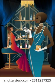 cantante al fondo del estante del bar con alcohol, art deco