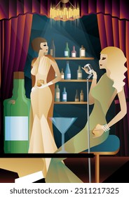 singer on the background of the bar shelf with alcohol, art deco
