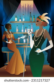 singer on the background of the bar shelf with alcohol, art deco