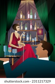 singer on the background of the bar shelf with alcohol, art deco