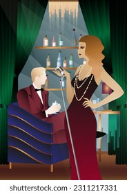 singer on the background of the bar shelf with alcohol, art deco