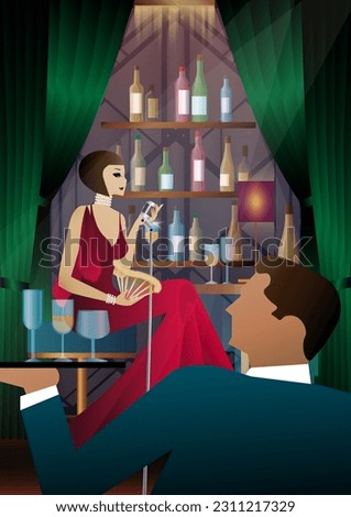 singer on the background of the bar shelf with alcohol, art deco